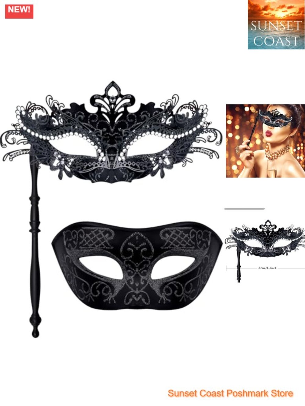 Couple Masquerade Mask Set With Stick Venetian Party Halloween Costume